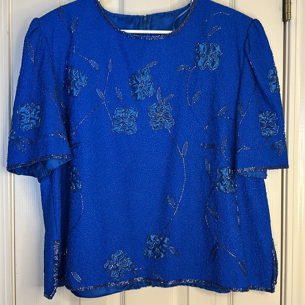 Blue Vintage Sequin Beaded Blouse 1X GORGEOUS